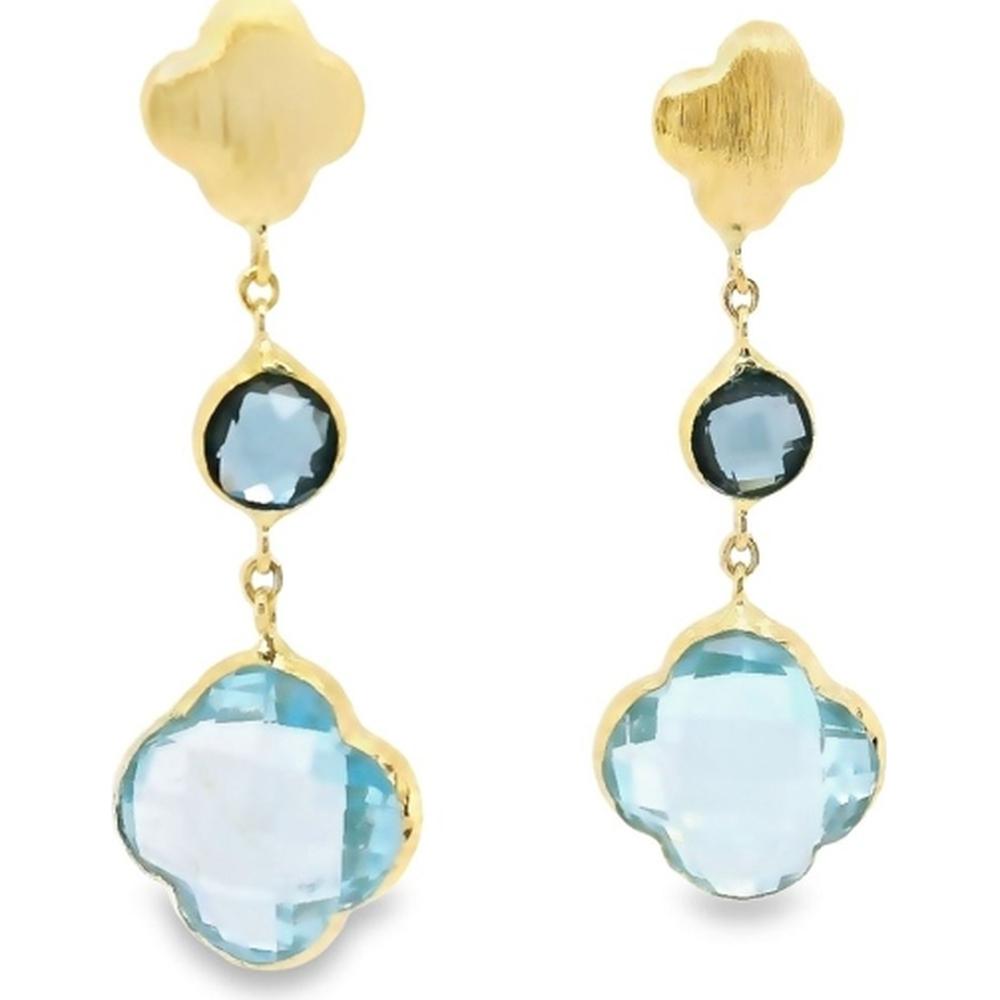 18K Yellow Gold Clover Motif Drop Earrings with Multi Blue Semi-Precious Gemstones by Afarin