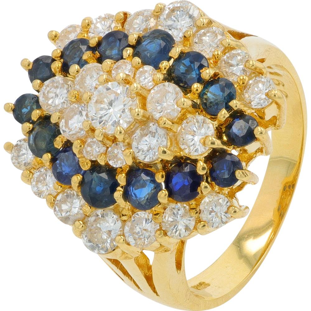 18K Yellow Gold Cluster Ring with 1.47 Carat Sapphires and 1.66 Carat Round Diamonds
