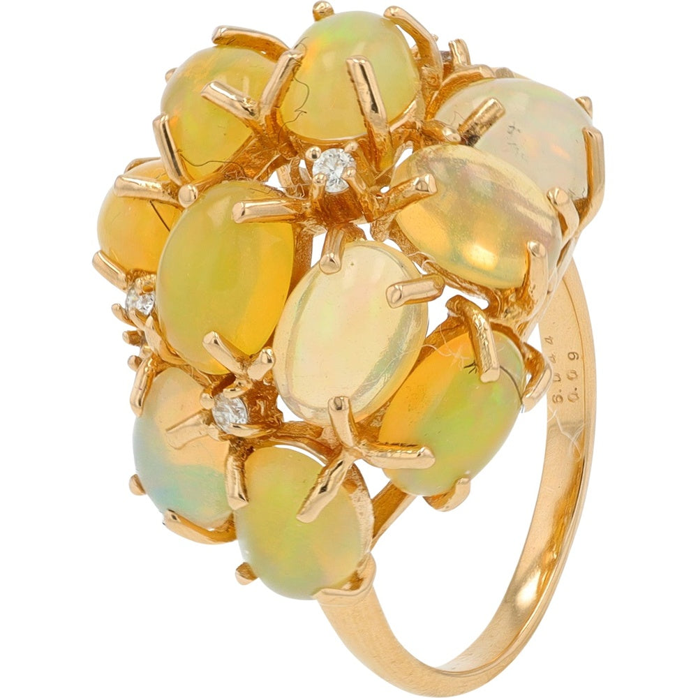 18K Yellow Gold Cluster Ring with 6.044 Carat Oval and Round Opals and 0.09 Carat Diamond Accents - Size 6