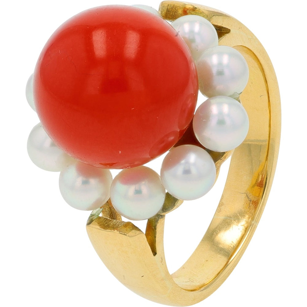 18K Yellow Gold Cocktail Ring with 10.3mm Spherical Red Coral and 4.2mm Accent Pearls - Size 5