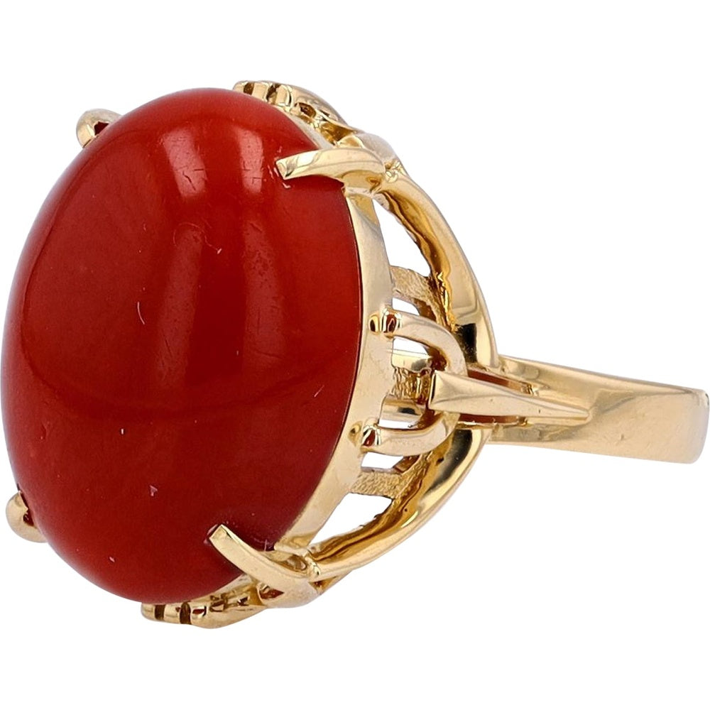 18K Yellow Gold Cocktail Ring with 13x17mm Oval Cabochon Coral Gemstone