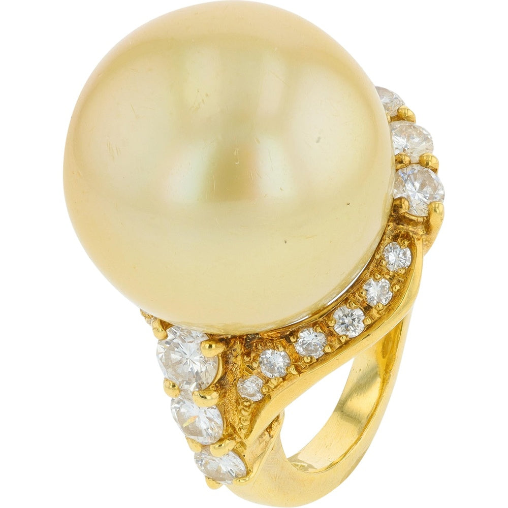 18K Yellow Gold Cocktail Ring with 15.5mm Golden Pearl and Round Diamond Accents - 0.49 Carat Total Diamond Weight