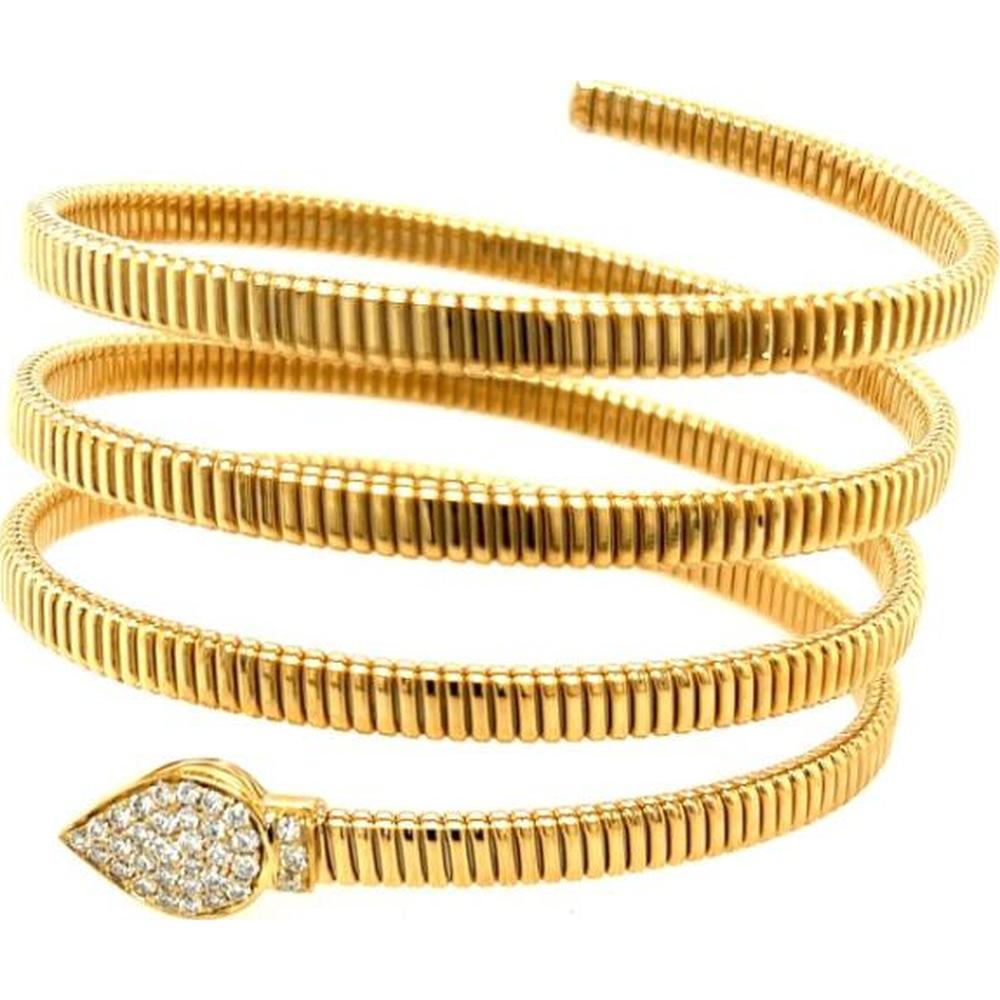 18K Yellow Gold Coiled Diamond Bangle Bracelet with Pear-Shaped Diamond Accent by Afarin