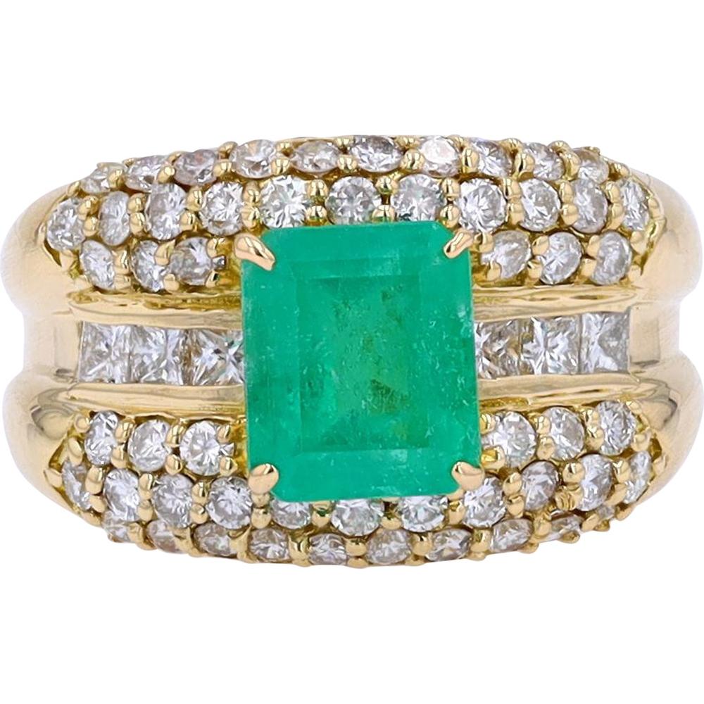 18K Yellow Gold Colombian Emerald Ring with Diamond Accents - 1.98 Carat Emerald, 1.46 Carat Diamond Total Weight