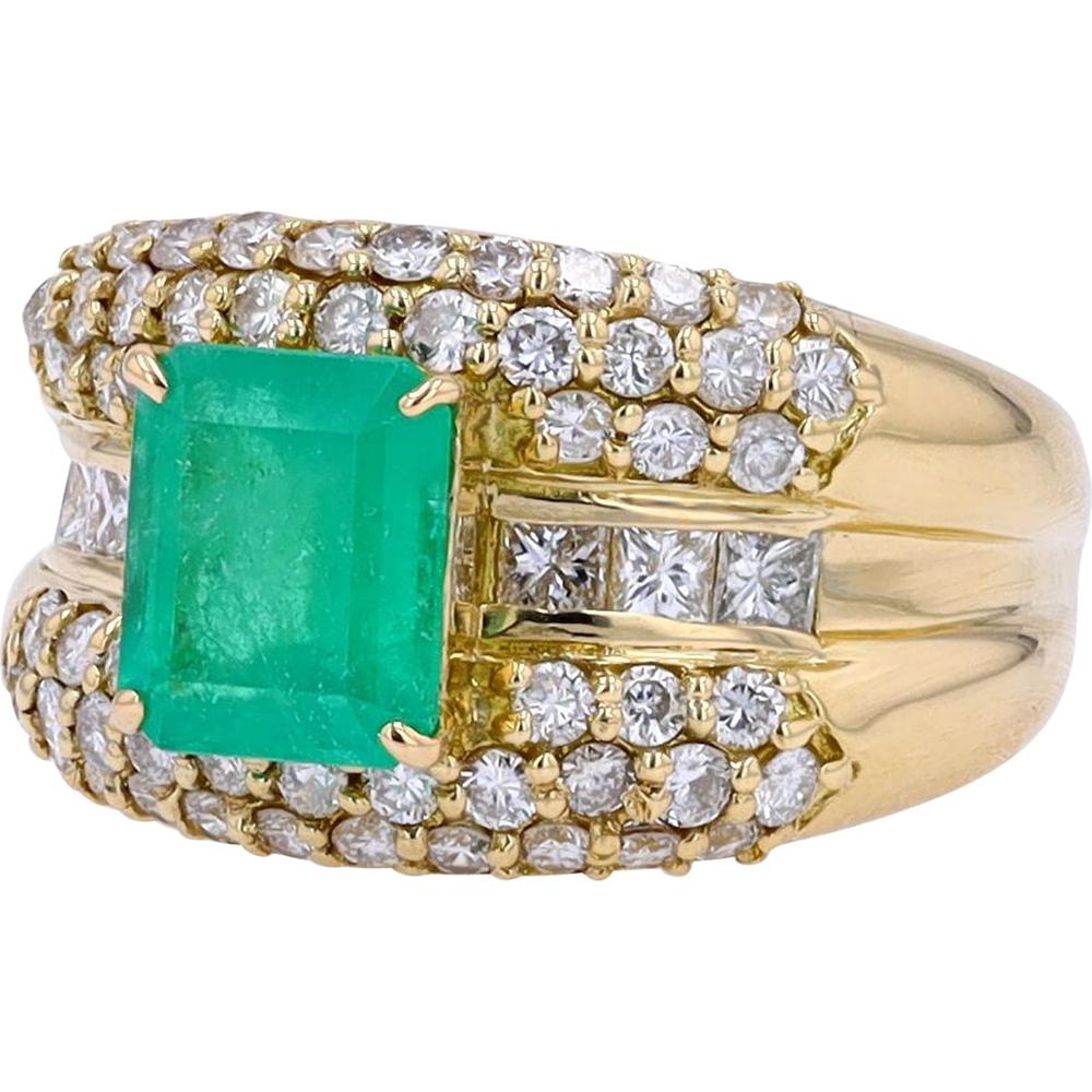 18K Yellow Gold Colombian Emerald Ring with Diamond Accents - 1.98 Carat Emerald, 1.46 Carat Diamond Total Weight