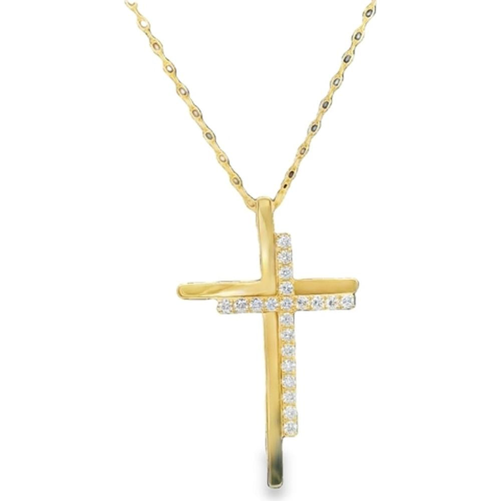 18K Yellow Gold Contemporary Cross Pendant Necklace with Round Diamonds by Afarin