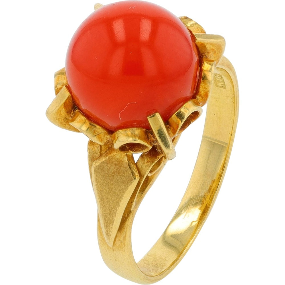 18K Yellow Gold Contemporary Ring with 9MM Smooth Red Coral Bead