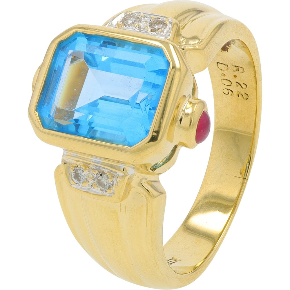 18K Yellow Gold Contemporary Ring with Emerald-Cut Blue Topaz, Channel-Set Diamond Accents, and Bezel-Set Ruby - 0.22 Carat Ruby and 0.06 Carat Diamond Total Weight