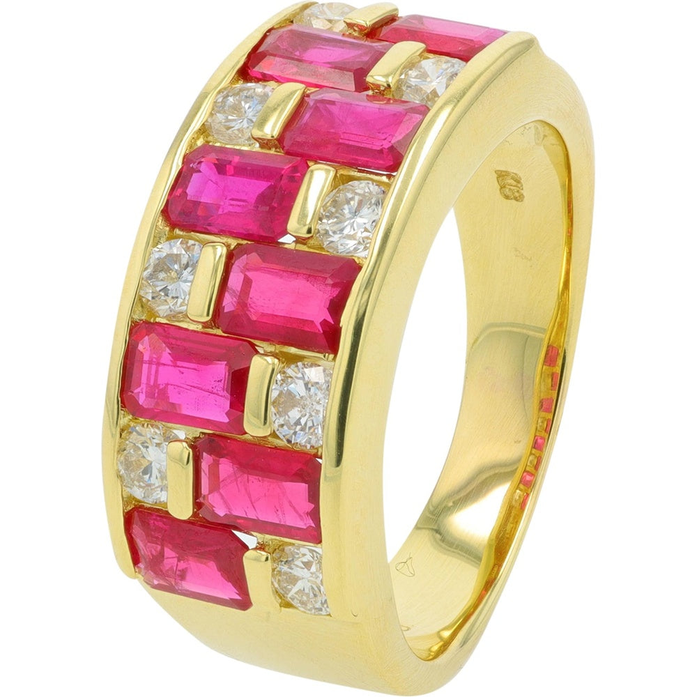18K Yellow Gold Contemporary Ring with Emerald-Cut Rubies and Round Diamond Accents - 2.36 Carat Total Ruby Weight and 0.64 Carat Total Diamond Weight