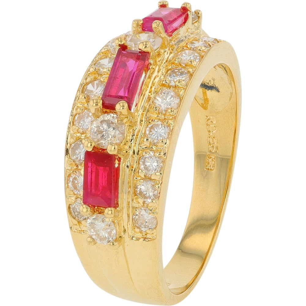 18K Yellow Gold Contemporary Ring with Step-Cut Rubies and Pave-Set Round Diamonds - 0.85 Carat Total Ruby Weight and 0.70 Carat Total Diamond Weight