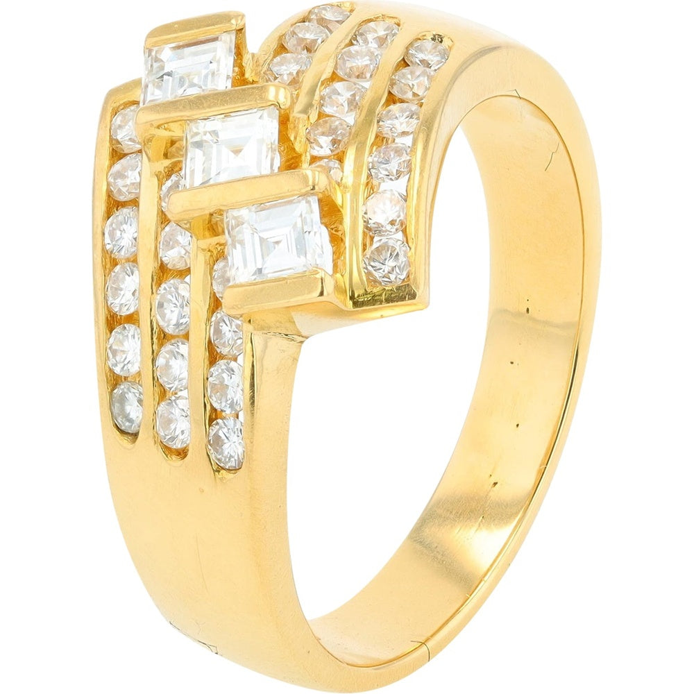 18K Yellow Gold Contemporary Three-Stone Ring with Square and Pavé Set Round Diamonds - 0.83 Carat Total Diamond Weight