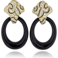 18K Yellow Gold Convertible Door Knocker Earrings with Black Onyx and Round Cut Diamonds