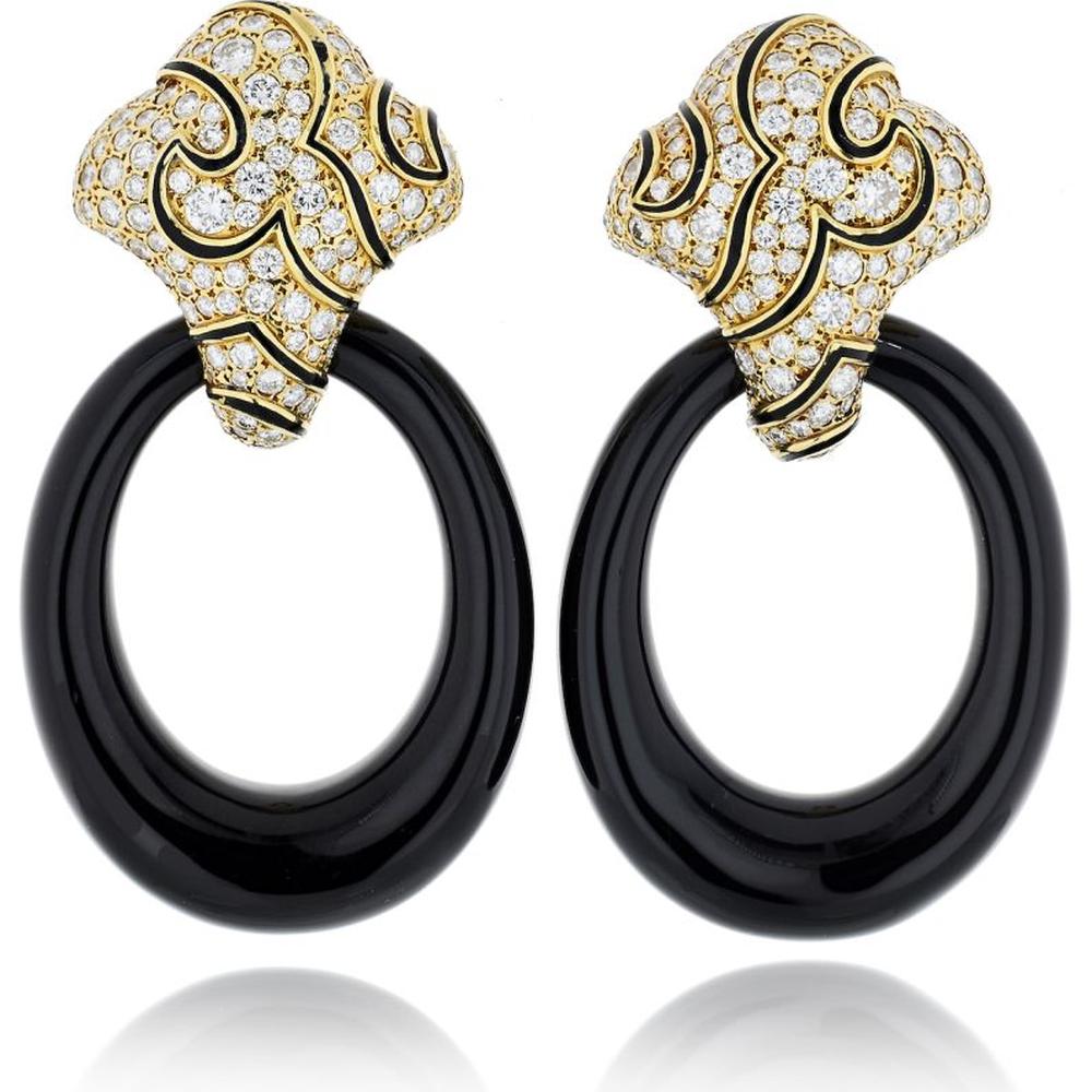 18K Yellow Gold Convertible Door Knocker Earrings with Black Onyx and Round Cut Diamonds