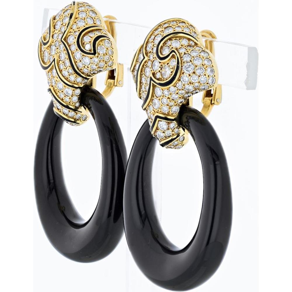 18K Yellow Gold Convertible Door Knocker Earrings with Black Onyx and Round Cut Diamonds