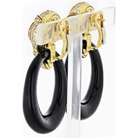 18K Yellow Gold Convertible Door Knocker Earrings with Black Onyx and Round Cut Diamonds