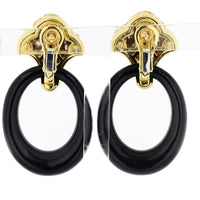 18K Yellow Gold Convertible Door Knocker Earrings with Black Onyx and Round Cut Diamonds
