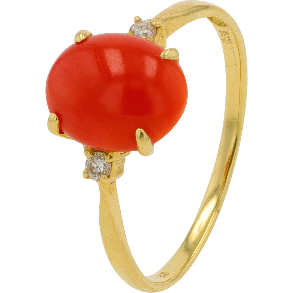 18K Yellow Gold Coral Cabochon Ring with Round Diamond Accents - 0.06 Carat Total Diamond Weight