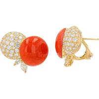 18K Yellow Gold Coral Earrings with 16.94 Carats Coral and 2.39 Carats Pavé Diamonds