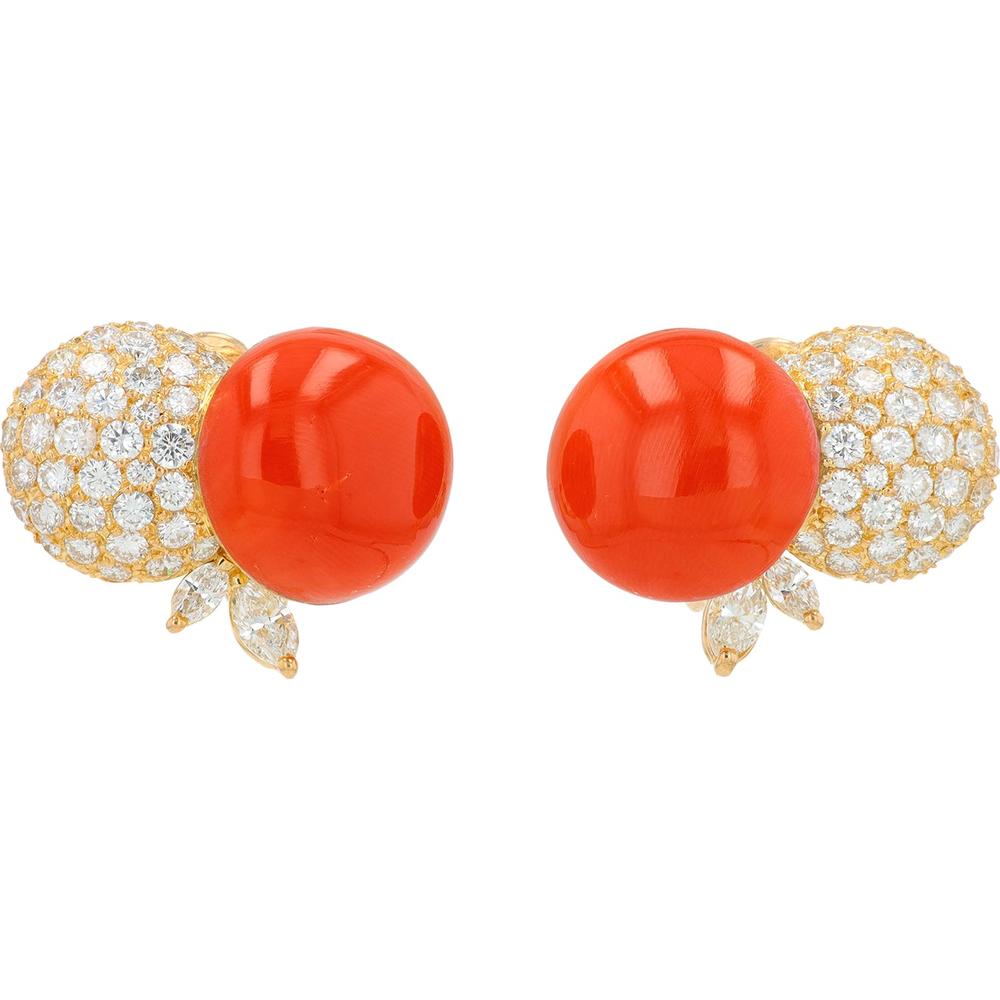 18K Yellow Gold Coral Earrings with 2.39 Carat Diamond Pave Accents - 16.94 Carat Total Coral Weight