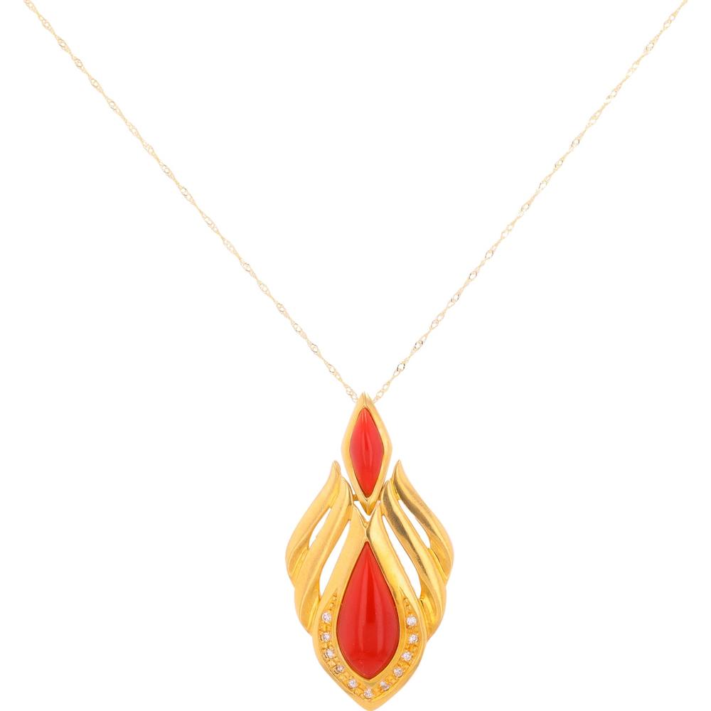 18K Yellow Gold Coral Pendant with 0.13 Carat Diamond Accents