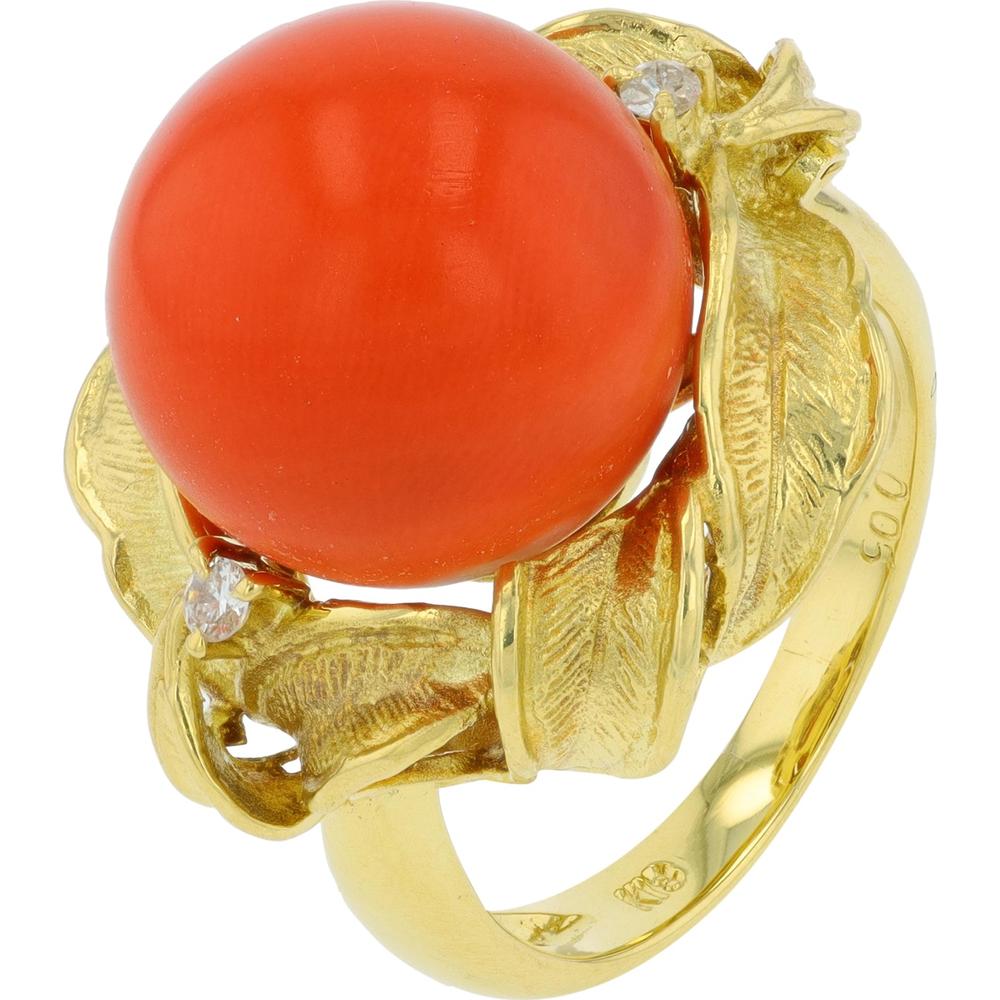 18K Yellow Gold Coral Ring with Diamond Accent - 13mm Coral Stone, 0.05 Carat Total Diamond Weight