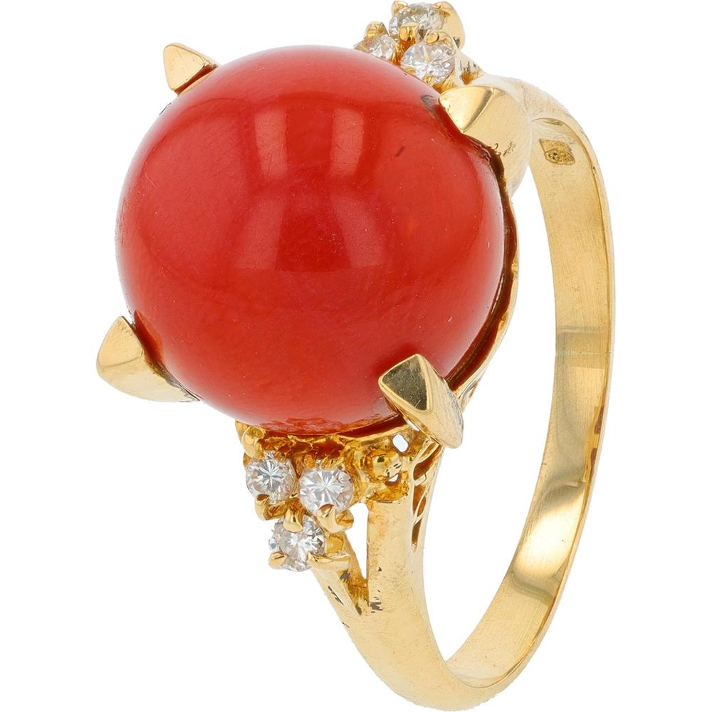 18K Yellow Gold Coral Statement Ring - 11.6mm Red Coral Centerpiece