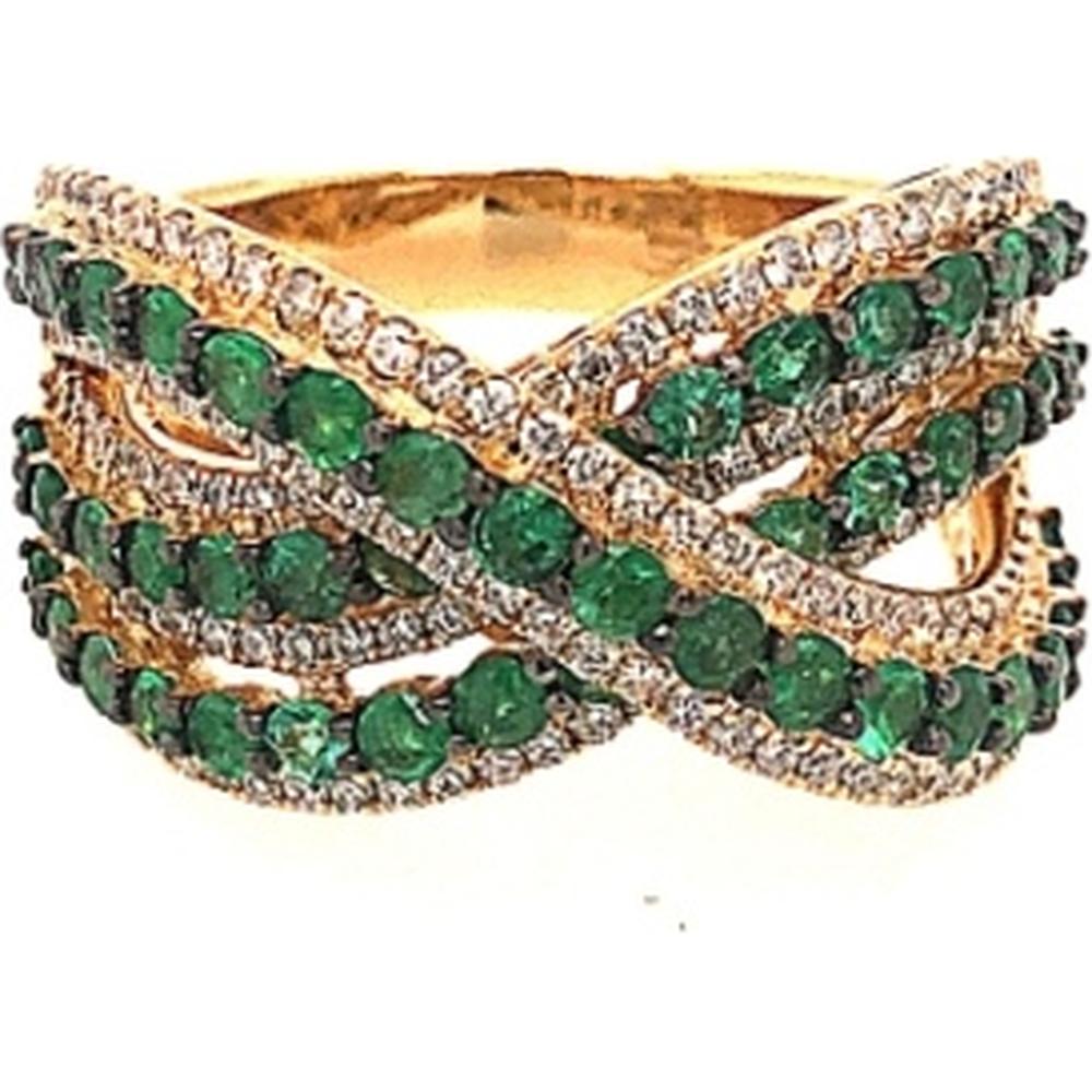 18K Yellow Gold Crisscross Band Ring with Round Emeralds and Diamond Accents by Afarin