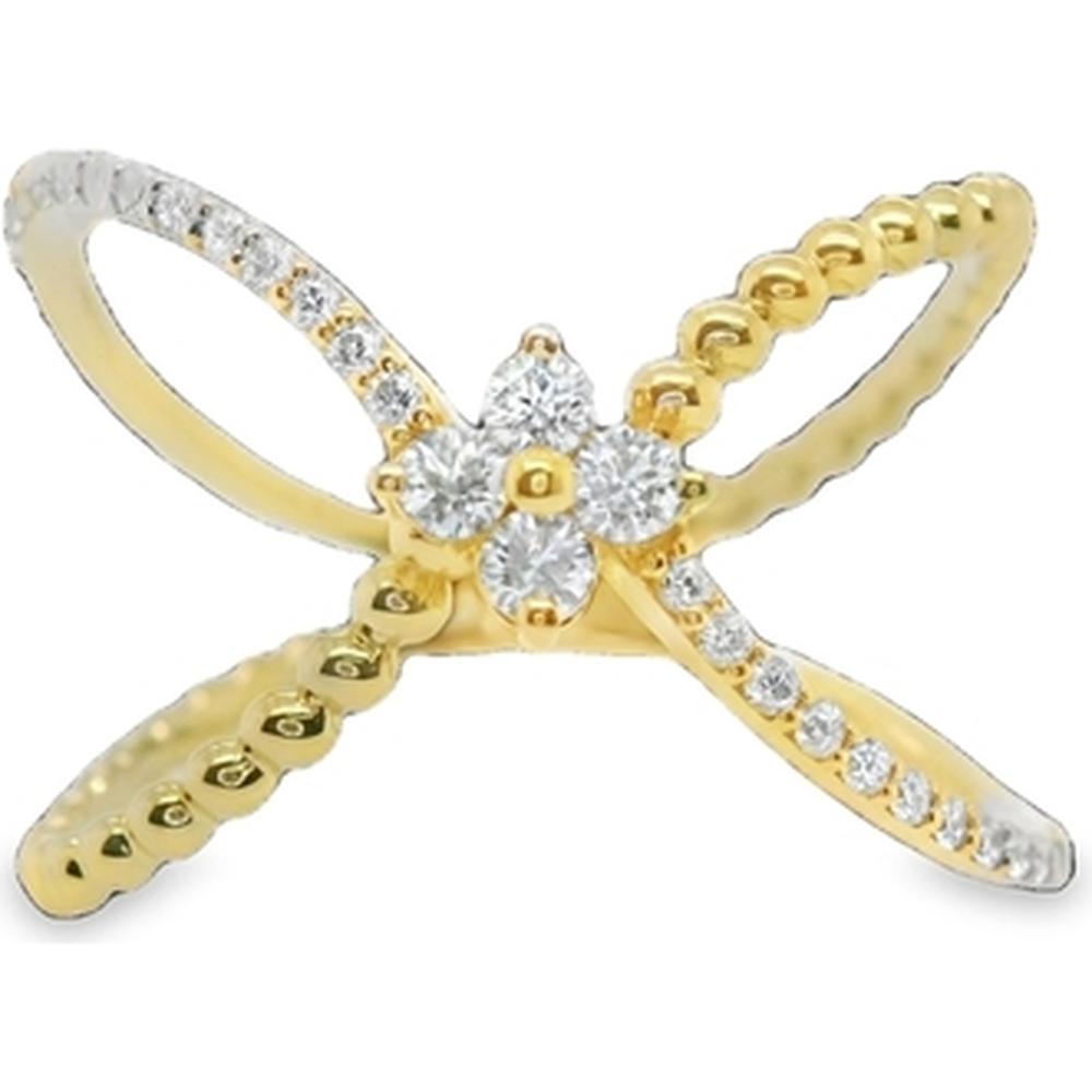 18K Yellow Gold Crisscross Ring with Floral Round Diamonds by Afarin