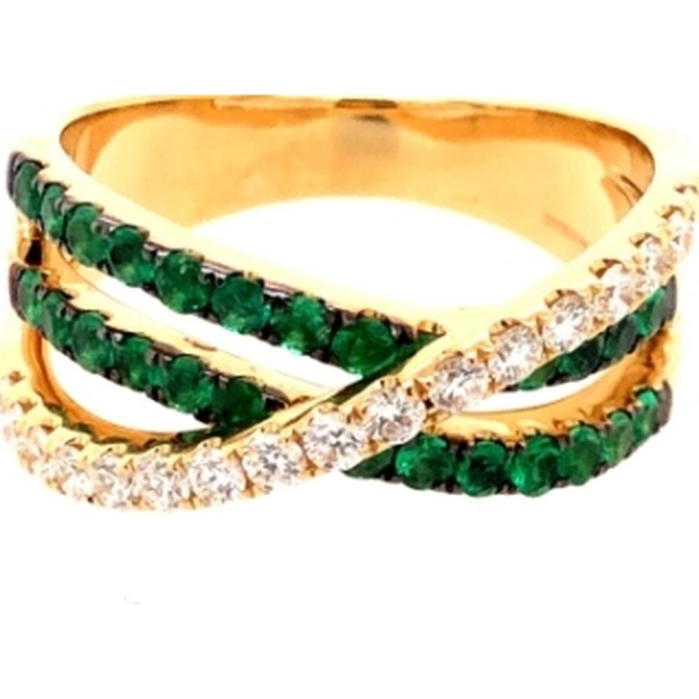 18K Yellow Gold Crisscross Ring with Round Emeralds and Diamond Accents by Afarin