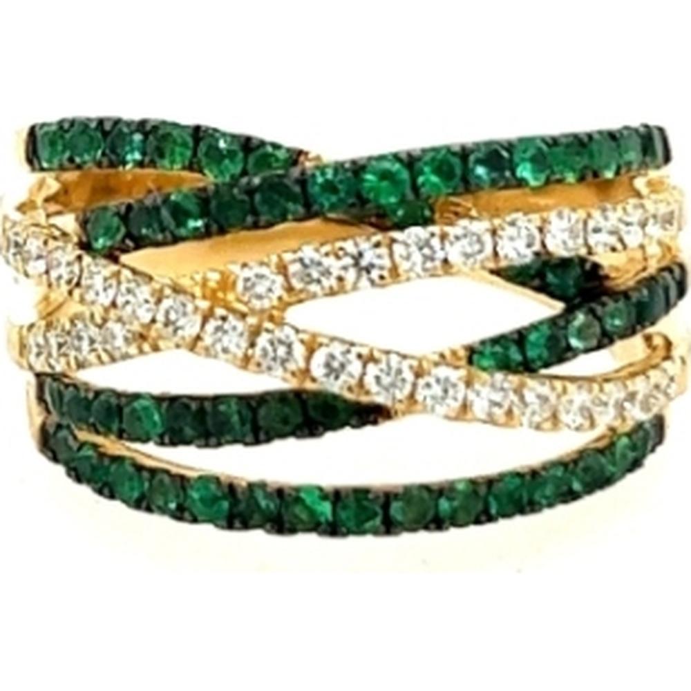 18K Yellow Gold Crisscross Ring with Round Emeralds and Diamonds by Afarin