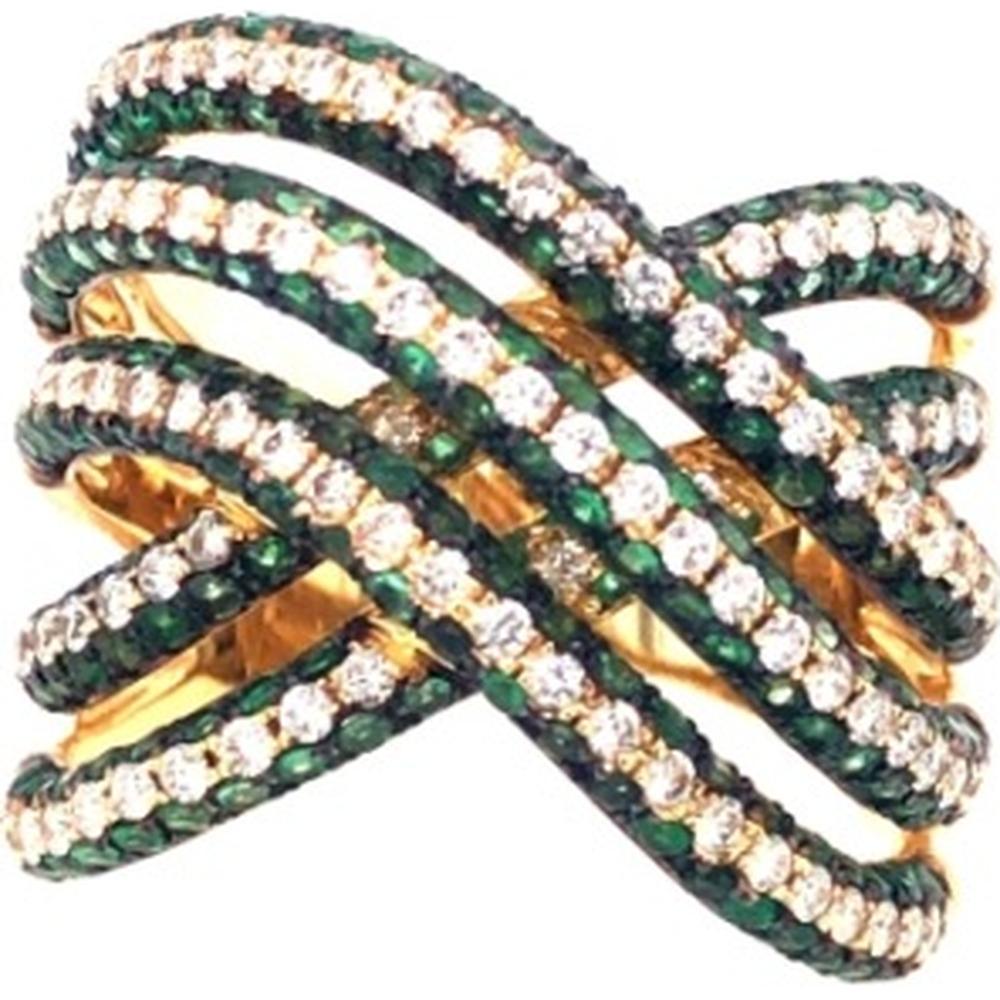 18K Yellow Gold Crisscross Statement Ring with Round Diamonds and Emeralds by Afarin