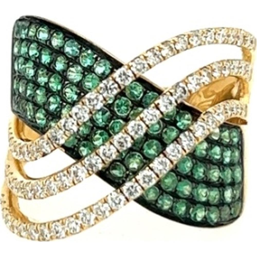 18K Yellow Gold Crisscross Statement Ring with Round Emeralds and Diamond Accents by Afarin
