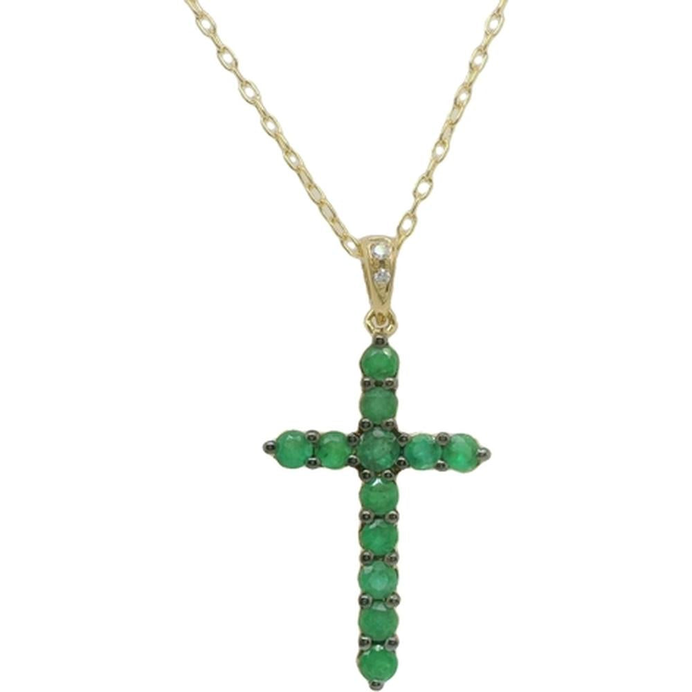18K Yellow Gold Cross Pendant Necklace with Prong-Set Round Emeralds and Diamond Accent by Afarin