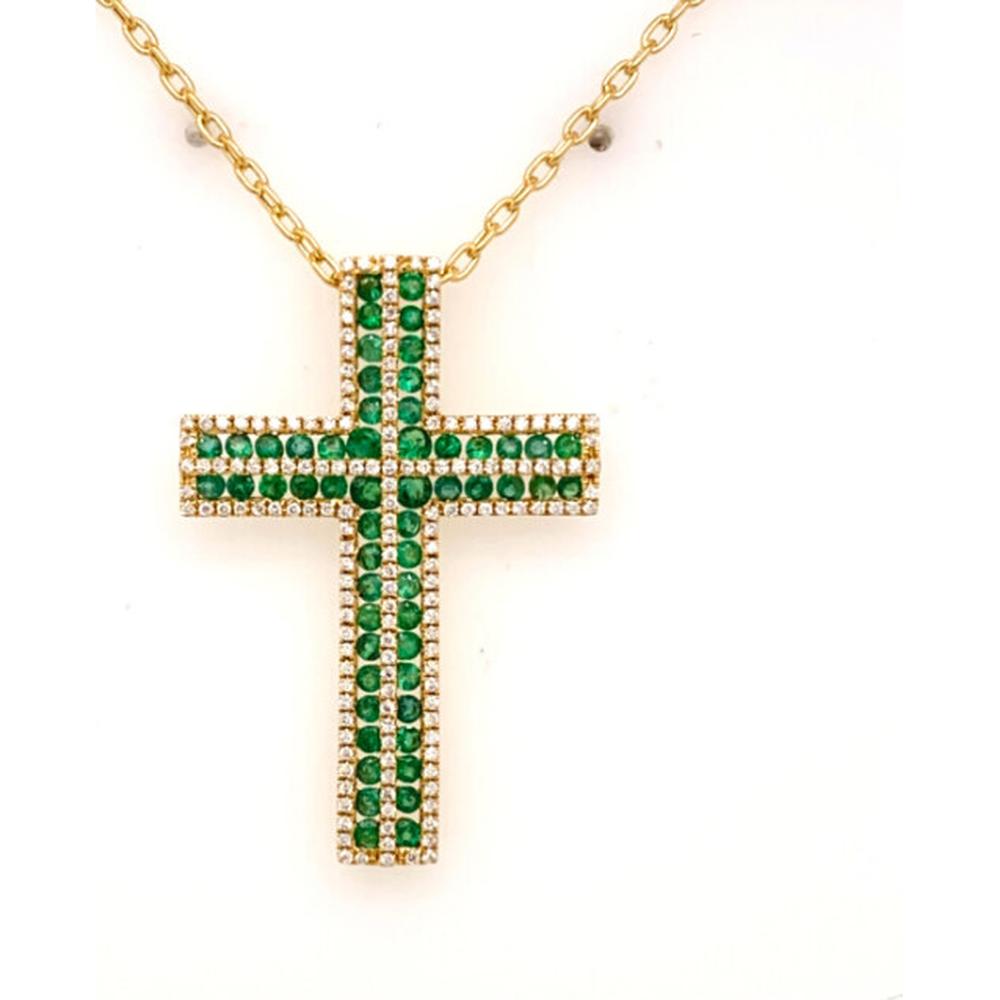 18K Yellow Gold Cross Pendant Necklace with Round Emeralds and Diamond Accents by Afarin