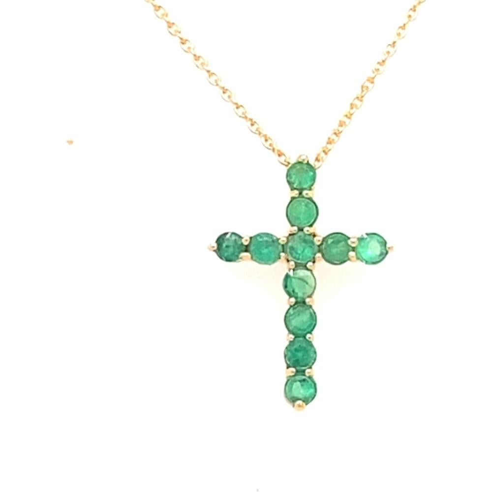 18K Yellow Gold Cross Pendant Necklace with Round Emeralds by Afarin