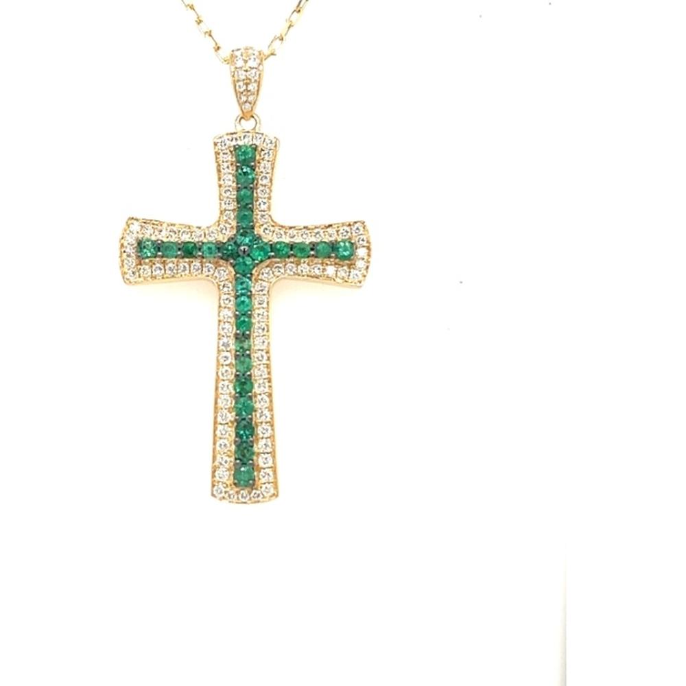 18K Yellow Gold Cross Pendant with Center Emeralds and Diamond Frame by Afarin