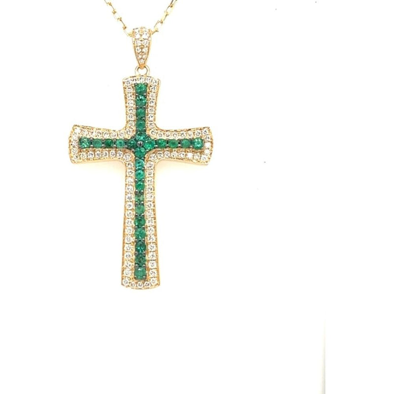 18K Yellow Gold Cross Pendant with Center Emeralds and Diamond Frame b ...