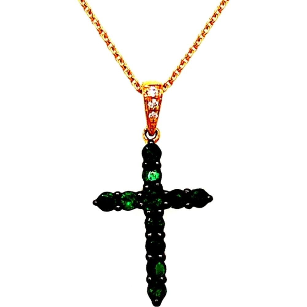 18K Yellow Gold Cross Pendant with Emeralds and Diamond Accent Bail by Afarin