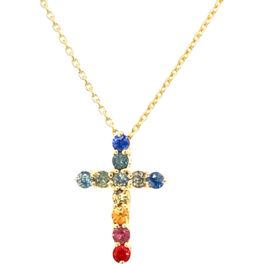 18K Yellow Gold Cross Pendant with Round Multi-Color Sapphires by Afarin