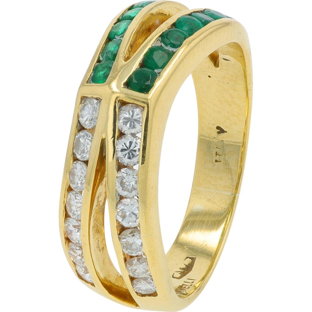 18K Yellow Gold Crossover Band with 0.30 Carat Emeralds and 0.41 Carat Diamonds - Women's Statement Ring