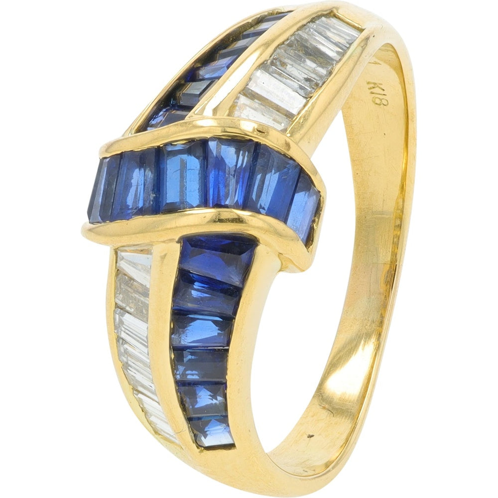 18K Yellow Gold Crossover Ring with Channel-Set Square Sapphires and Baguette Diamonds - 1.64 Carat Total Sapphire Weight and 0.51 Carat Total Diamond Weight