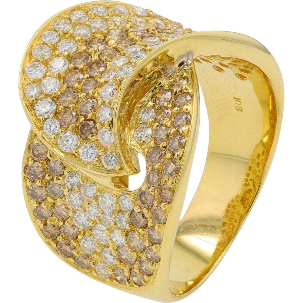 18K Yellow Gold Crossover Ring with Pave-Set White and Champagne Round Diamonds - 2.23 Carat Total Diamond Weight