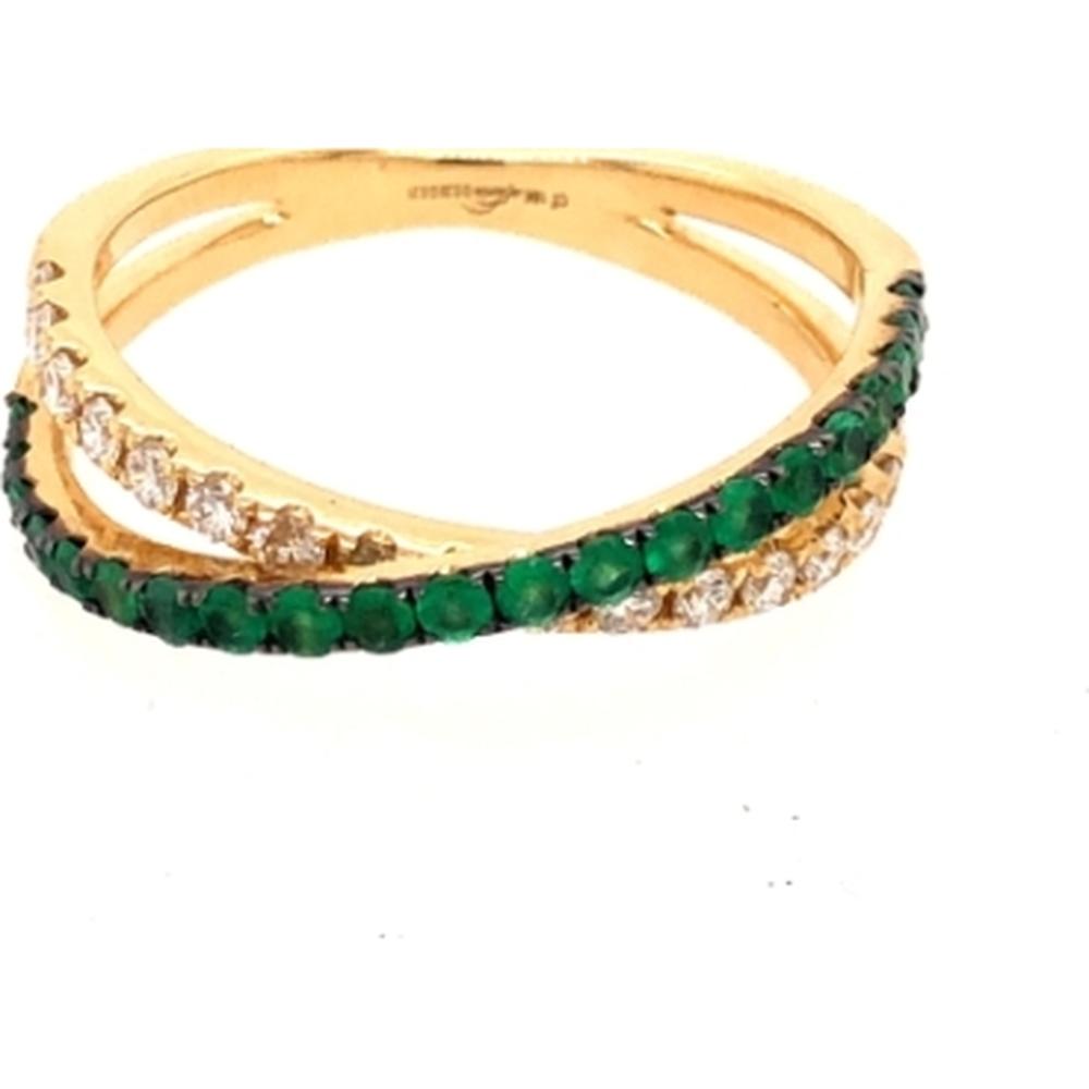 18K Yellow Gold Crossover Ring with Round Emeralds and Diamonds by Afarin
