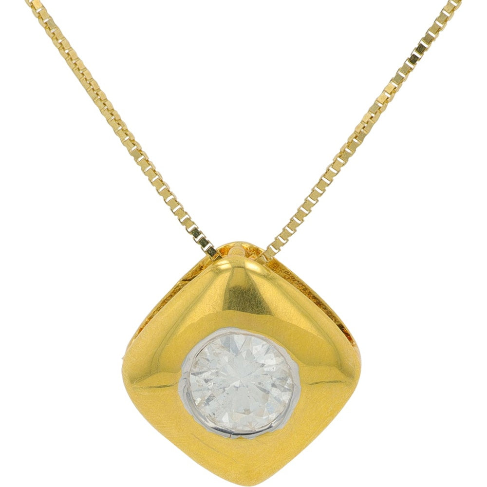 18K Yellow Gold Cushion-Shape Pendant with Bezel-Set Round Diamond - 1/3 Carat Total Diamond Weight on 18 Inch Box Chain