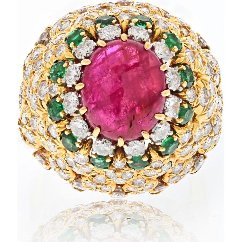 18K Yellow Gold David Webb Ruby, Diamond, and Emerald Cocktail Ring - 3.75 Carats Total Diamond Weight