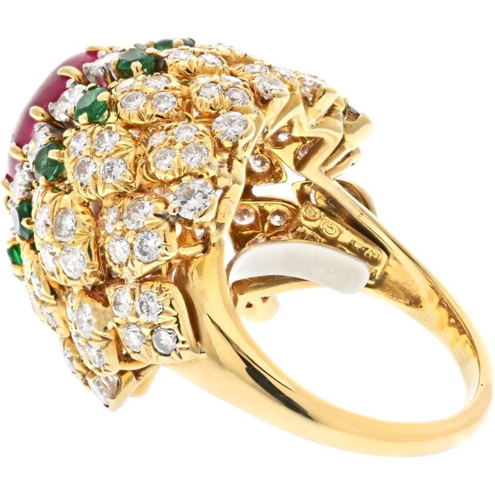 18K Yellow Gold David Webb Ruby, Diamond, and Emerald Cocktail Ring - 3.75 Carats Total Diamond Weight