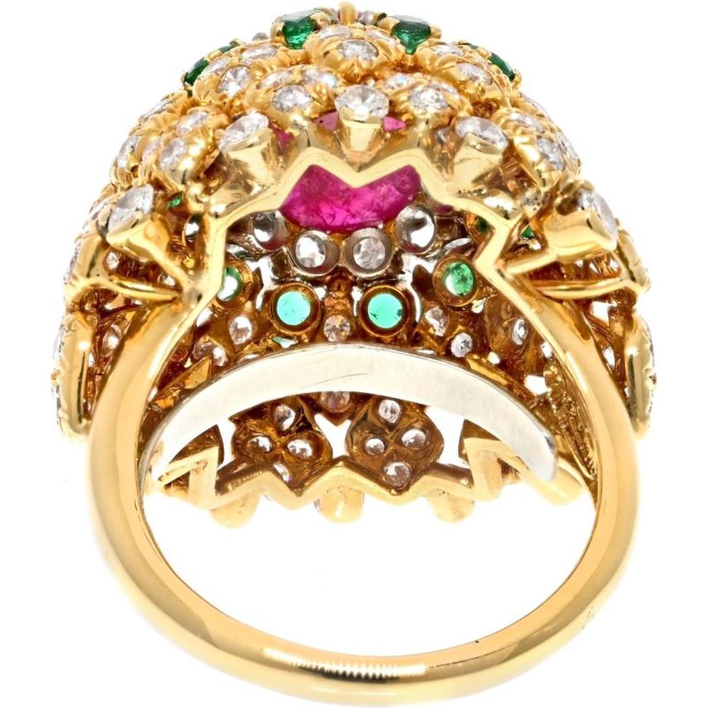 18K Yellow Gold David Webb Ruby, Diamond, and Emerald Cocktail Ring - 3.75 Carats Total Diamond Weight