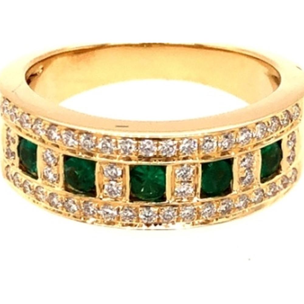 18K Yellow Gold Diamond and Emerald Band Ring with Emerald Cut Green Stones and Pavé Diamond Rows by Afarin
