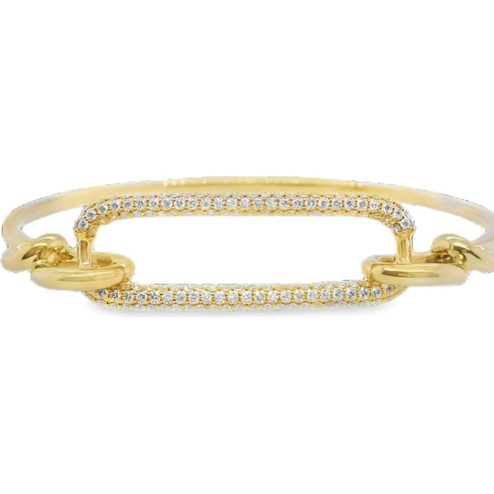18K Yellow Gold Diamond Bangle Bracelet with Pavé Set Round Diamonds and Elongated Oval Link Center by Afarin