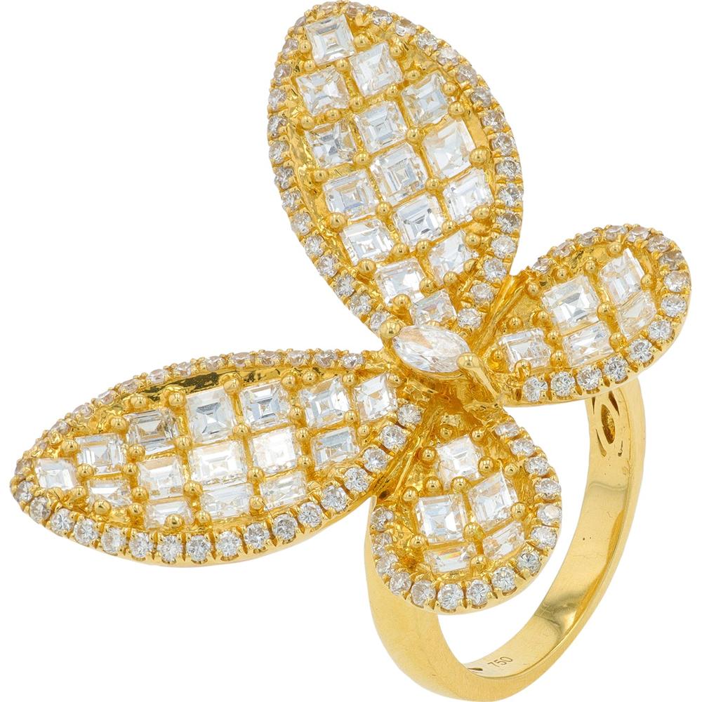 18K Yellow Gold Diamond Butterfly Ring with Square and Marquise - Cut Diamonds - 3.85 Carat Total Diamond Weight
